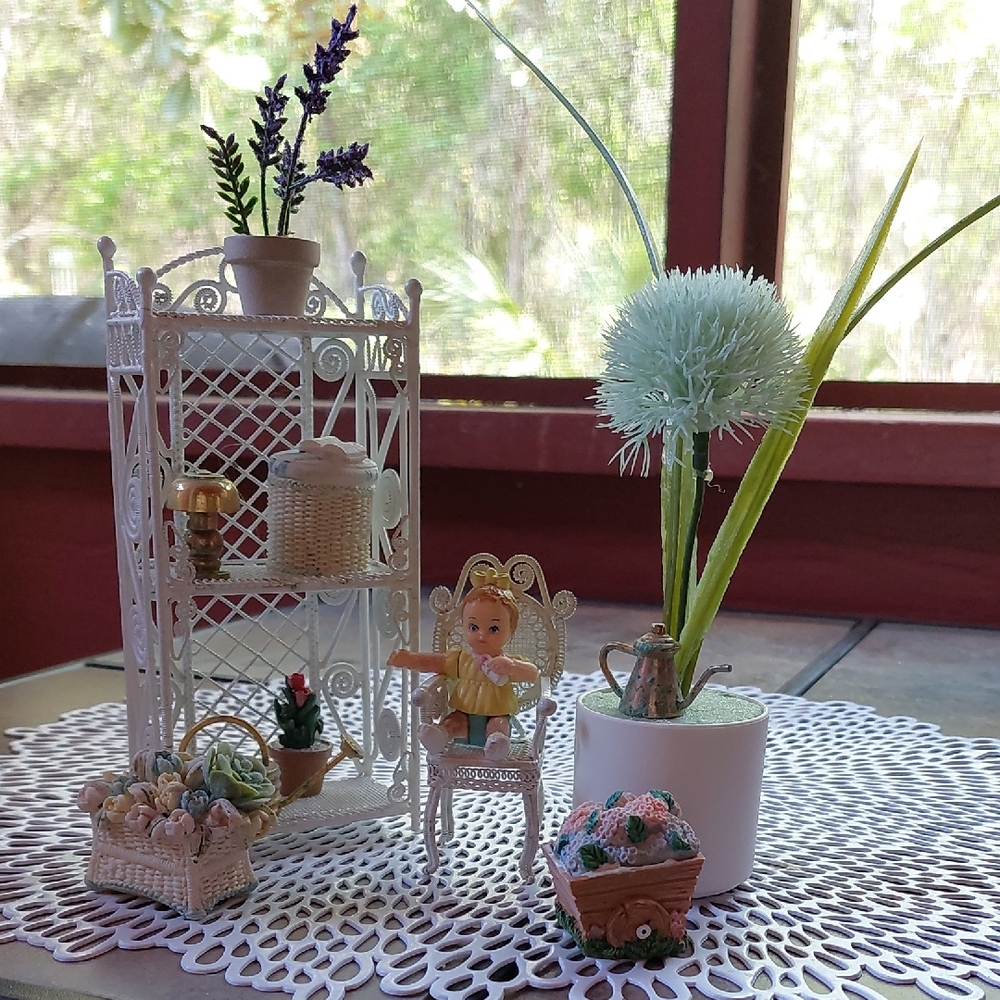 Vintage Miniature Doll on Metal Chair & White Metal Shelf Decor Set